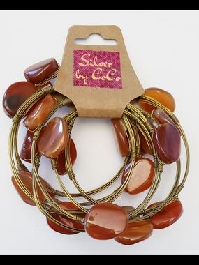 Brown Agate Multi-Strand Brass Wire Bangles Semanario 7 Pieces